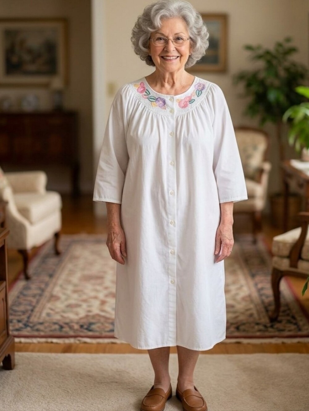 Vtg embroidered white robe housecoat M grannycore